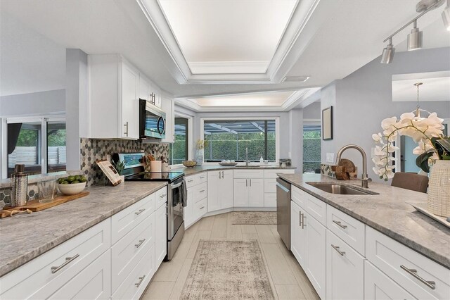 kitchen featuring crown molding, white cabinets, appliances with stainless steel finishes, a raised ceiling, and sink