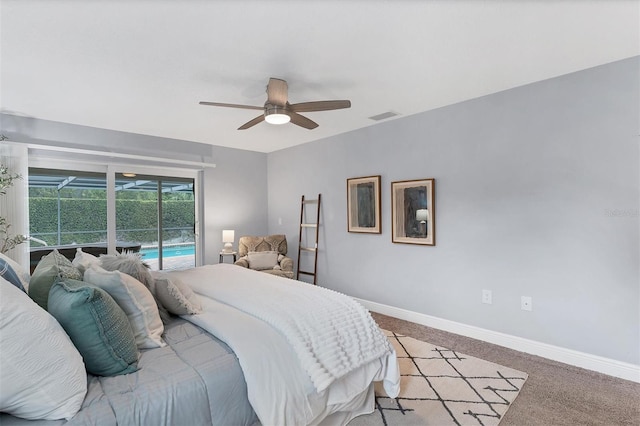 bedroom featuring visible vents, light carpet, access to exterior, baseboards, and ceiling fan