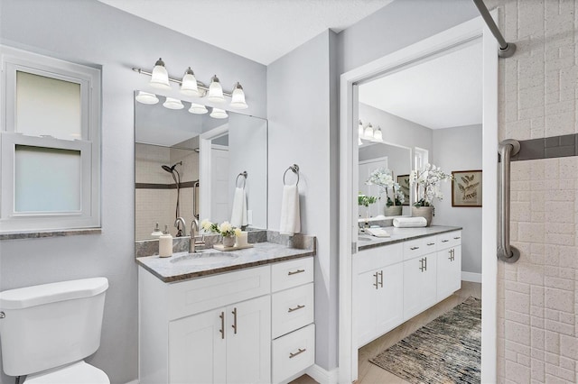 bathroom with toilet, two vanities, tiled shower, and a sink