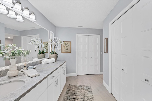 bathroom featuring vanity and hardwood / wood-style floors