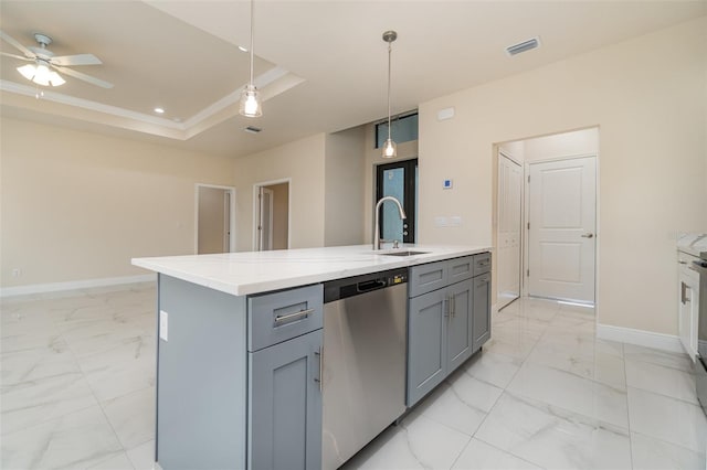 kitchen with marble finish floor, stainless steel dishwasher, an island with sink, and hanging light fixtures