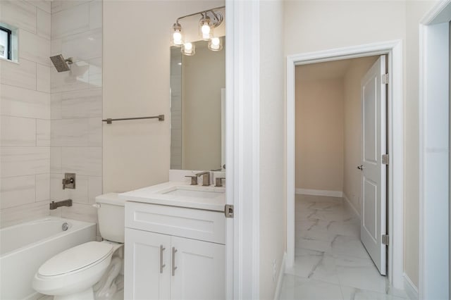 bathroom featuring toilet, vanity, baseboards, marble finish floor, and tub / shower combination