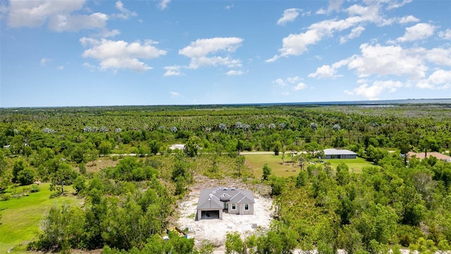 drone / aerial view featuring a wooded view