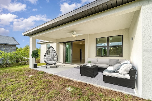 view of patio featuring ceiling fan and outdoor lounge area