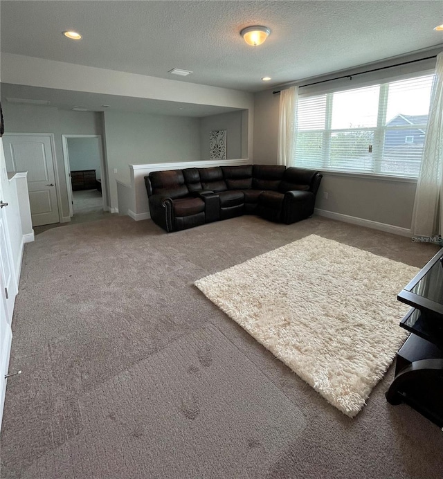 carpeted living room with a textured ceiling