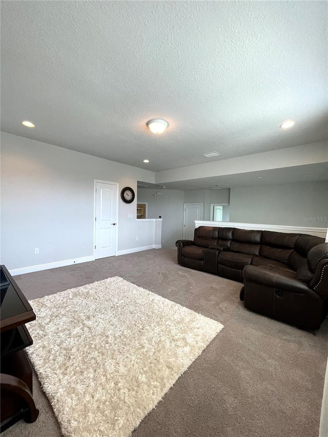 living room with carpet flooring and a textured ceiling