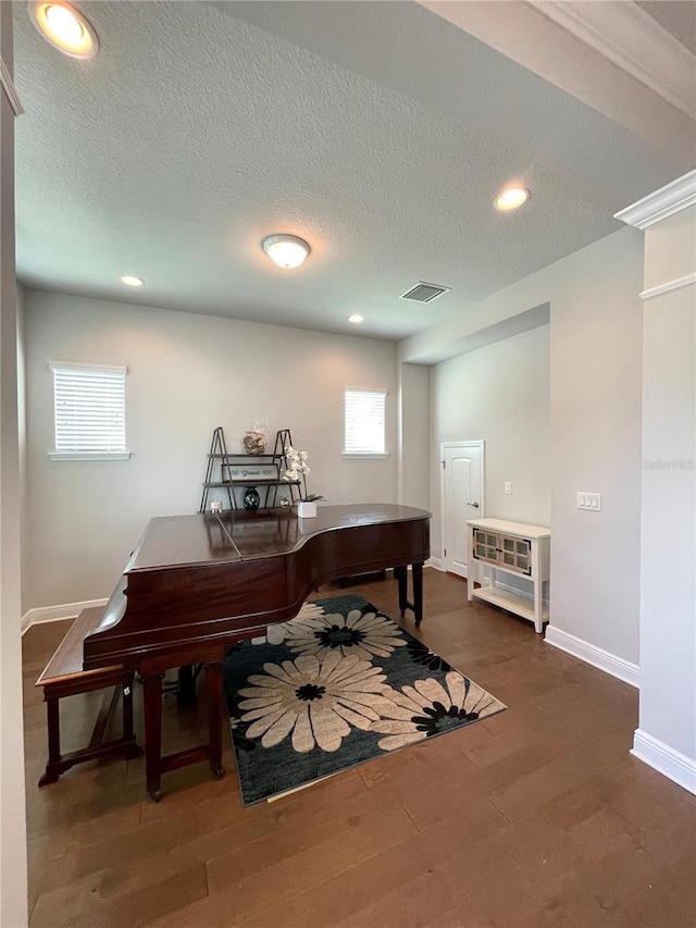 miscellaneous room with plenty of natural light, dark hardwood / wood-style floors, and a textured ceiling