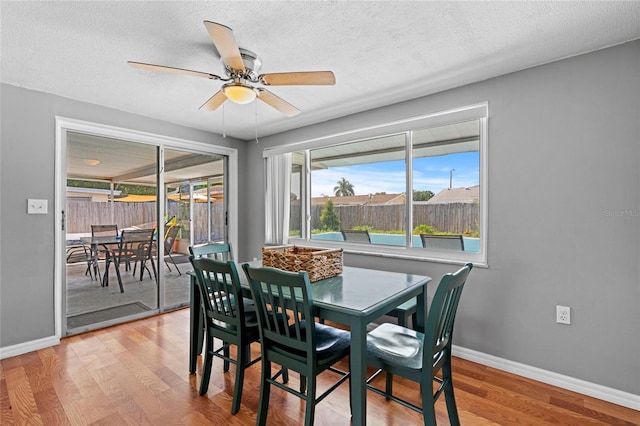 dining room with ceiling fan, plenty of natural light, a textured ceiling, and light hardwood / wood-style floors