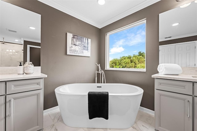 bathroom featuring plus walk in shower, ornamental molding, and vanity