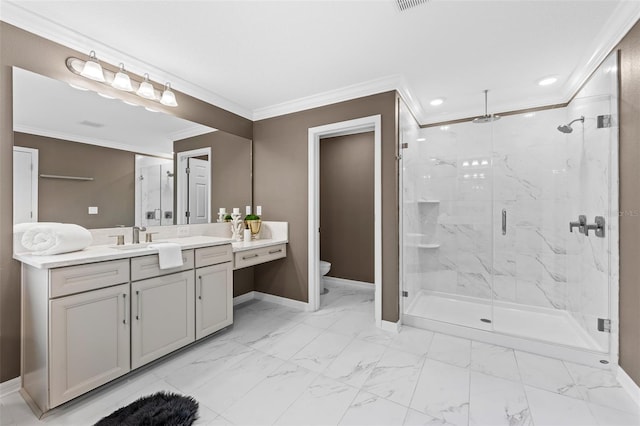 bathroom with toilet, walk in shower, ornamental molding, and vanity