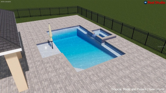 view of pool featuring a pool with connected hot tub, fence, and a patio