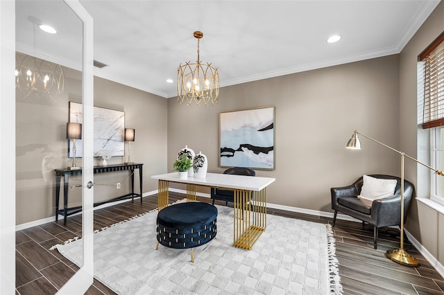 office space with an inviting chandelier, crown molding, and wood finish floors
