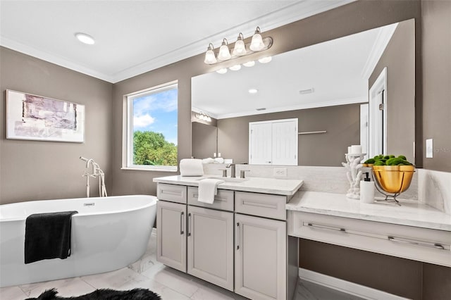 full bath with vanity, a soaking tub, marble finish floor, ornamental molding, and recessed lighting