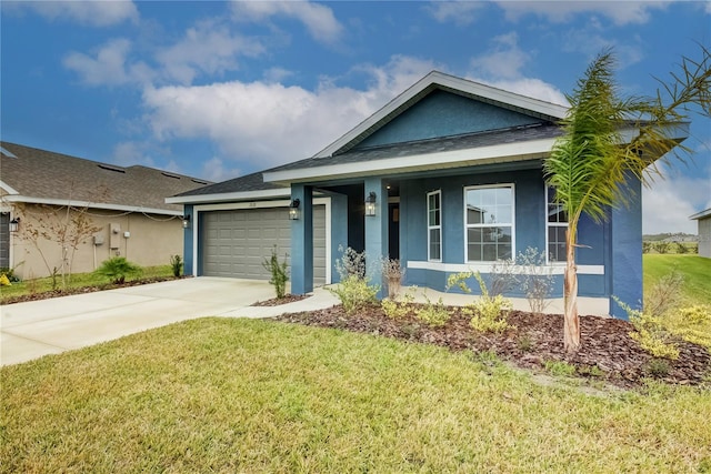 view of front facade featuring a front yard, a garage, and covered porch