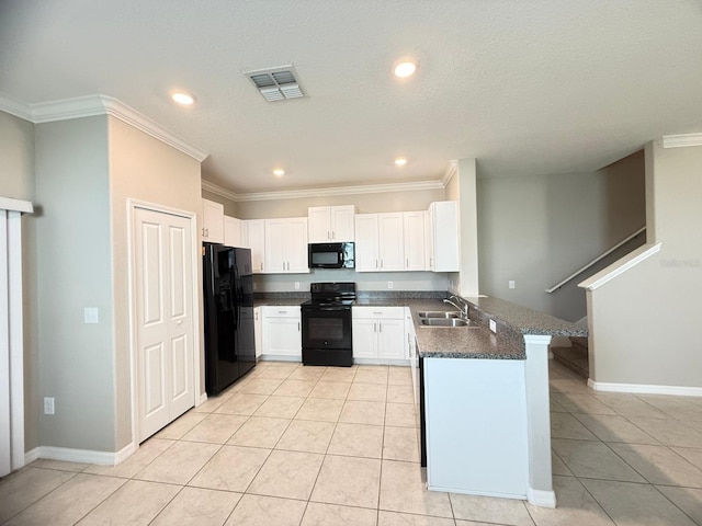 kitchen with kitchen peninsula, white cabinets, ornamental molding, black appliances, and sink