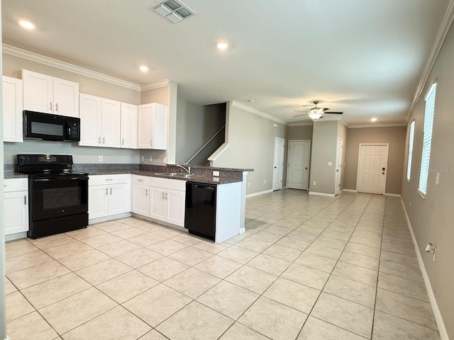 kitchen with black appliances, sink, white cabinetry, ceiling fan, and ornamental molding