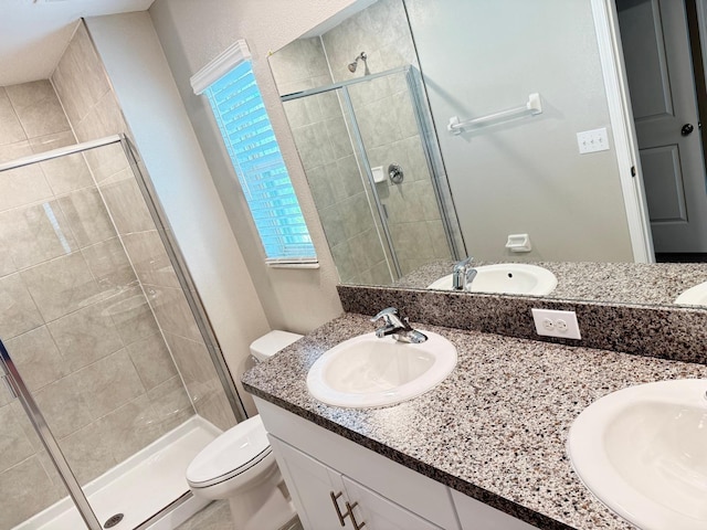 bathroom featuring vanity, toilet, and an enclosed shower