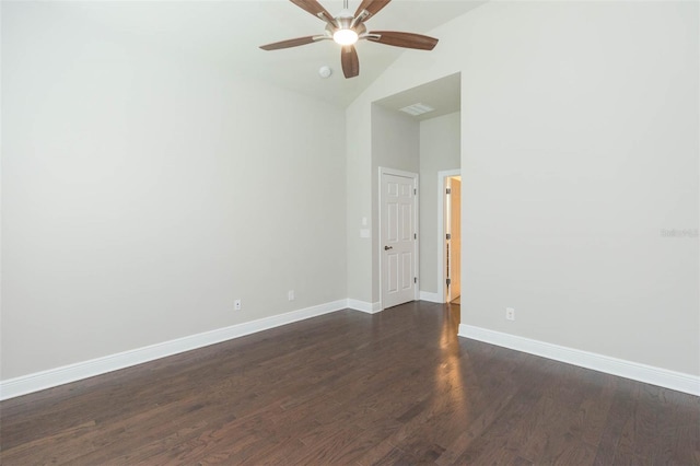 unfurnished room featuring ceiling fan, high vaulted ceiling, and dark wood-type flooring