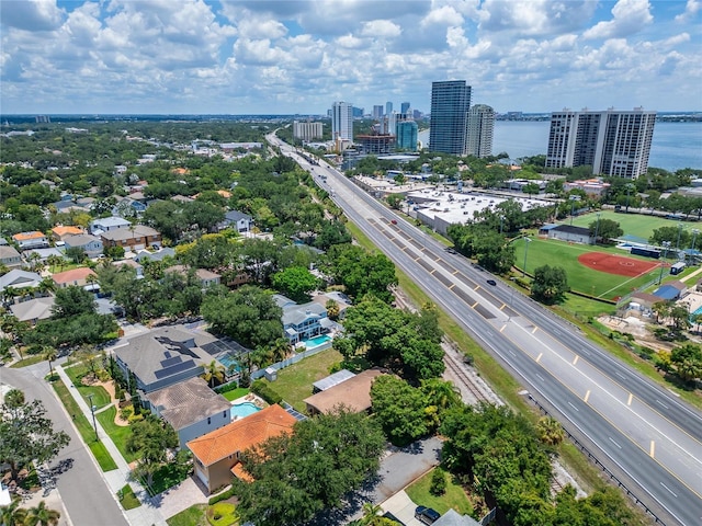 drone / aerial view with a water view