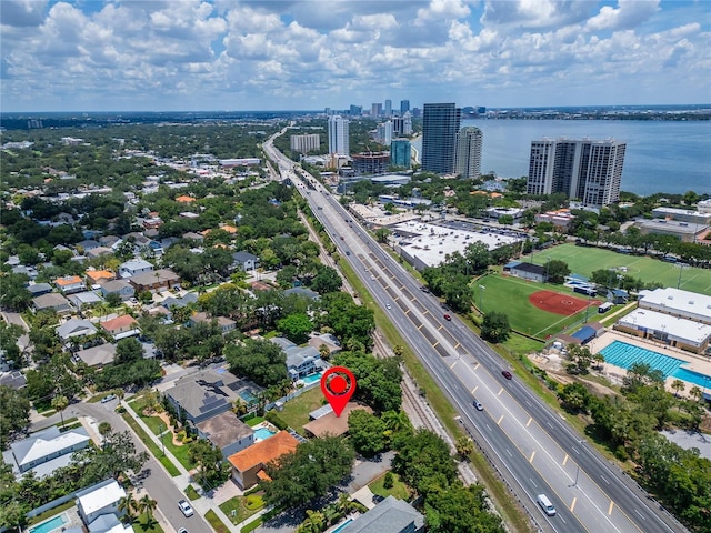 drone / aerial view featuring a water view