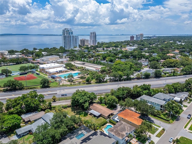 drone / aerial view with a water view