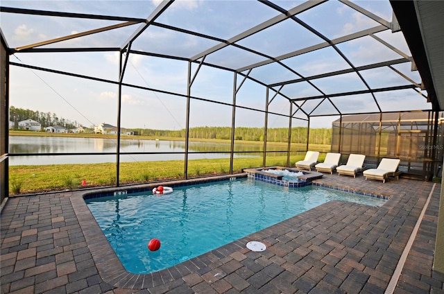 view of pool featuring a lanai, a patio, a water view, an outdoor hangout area, and an in ground hot tub