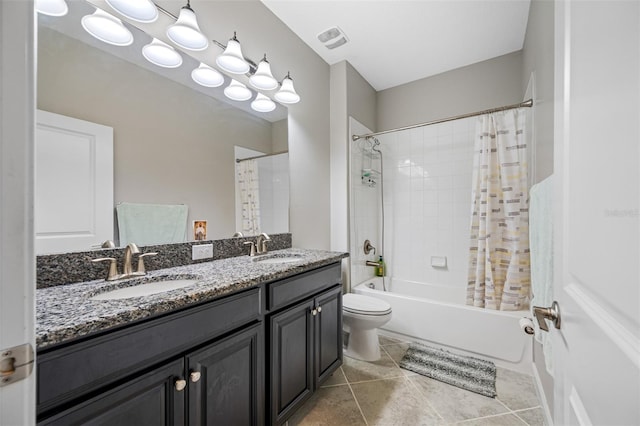 full bathroom with tile patterned flooring, toilet, shower / bath combo, and double sink vanity