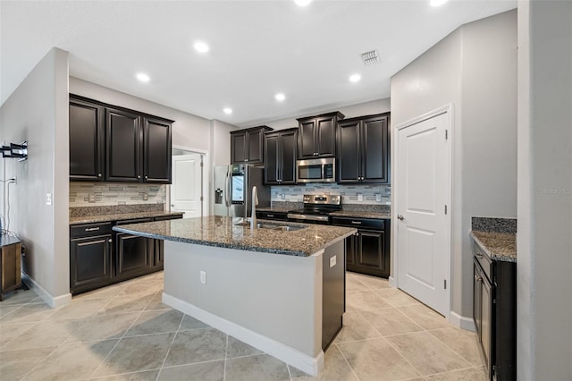 kitchen featuring dark stone countertops, an island with sink, stainless steel appliances, decorative backsplash, and sink