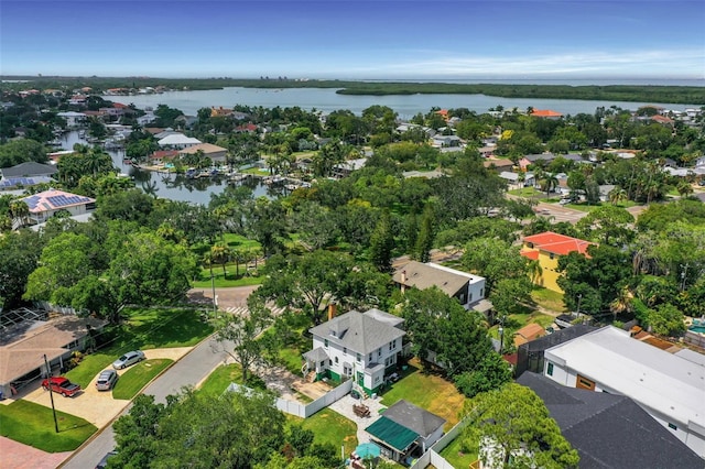 bird's eye view with a water view