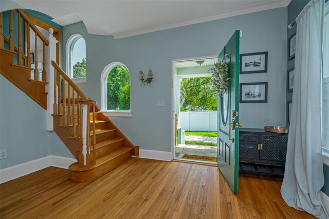 foyer entrance with plenty of natural light, hardwood / wood-style floors, and ornamental molding