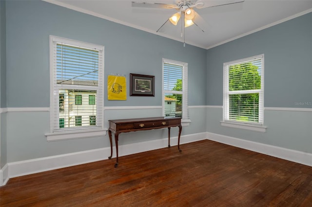 interior space featuring ceiling fan, dark hardwood / wood-style flooring, and ornamental molding