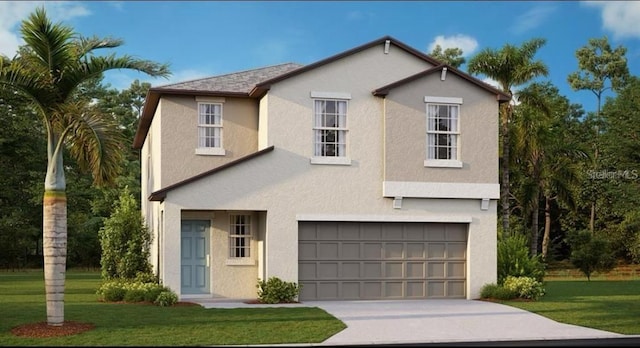 view of front facade featuring a garage and a front lawn