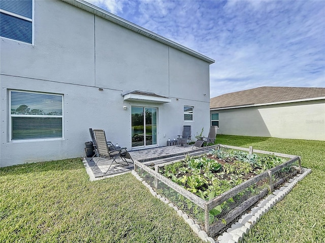 back of house with a patio and a yard