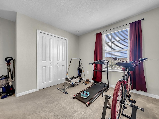 exercise area featuring a textured ceiling and light colored carpet