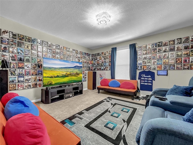 carpeted living room featuring a textured ceiling