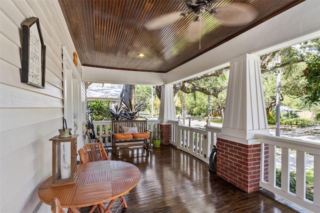 sunroom / solarium featuring wooden ceiling and ceiling fan