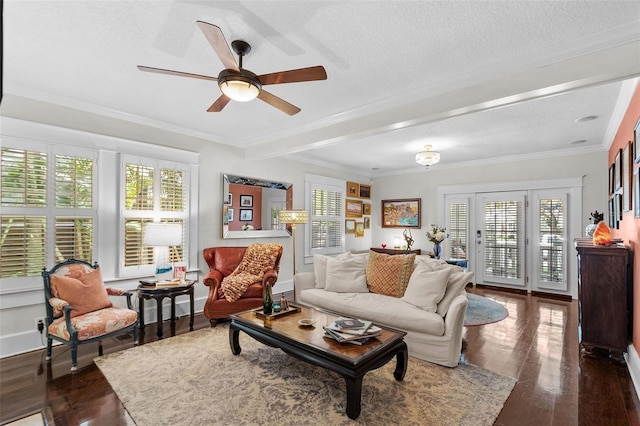 living room with crown molding, dark wood-type flooring, and a textured ceiling