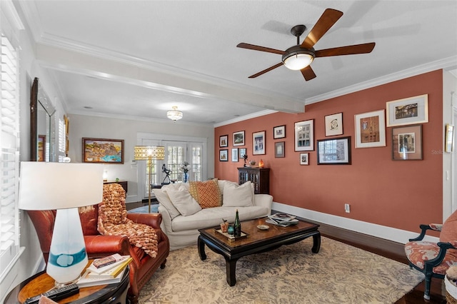 living room featuring french doors, crown molding, hardwood / wood-style flooring, beamed ceiling, and ceiling fan