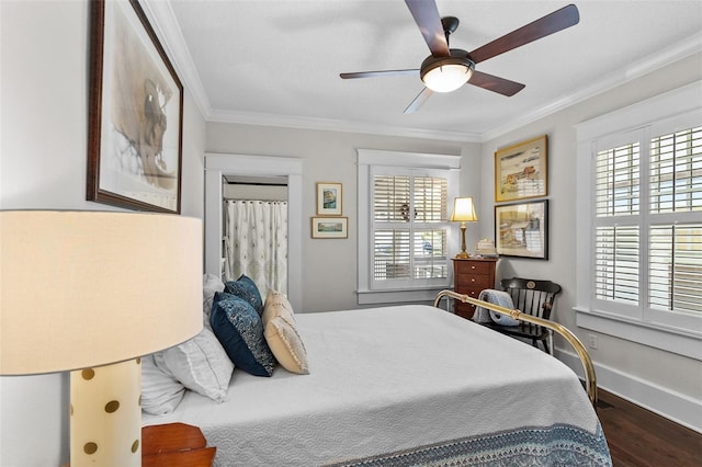 bedroom with crown molding, ceiling fan, and multiple windows