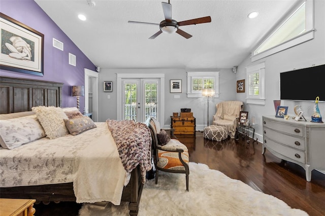 bedroom featuring vaulted ceiling, dark hardwood / wood-style floors, access to outside, ceiling fan, and french doors