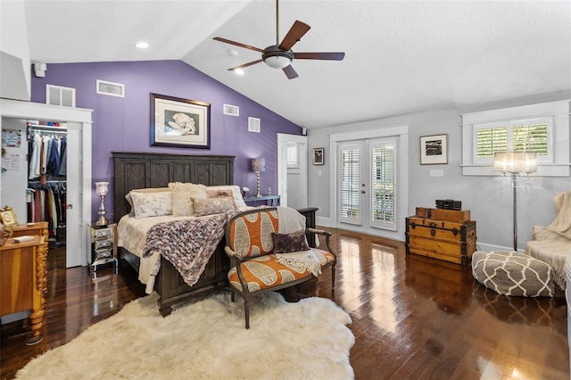 bedroom featuring access to exterior, a closet, dark hardwood / wood-style floors, and ceiling fan