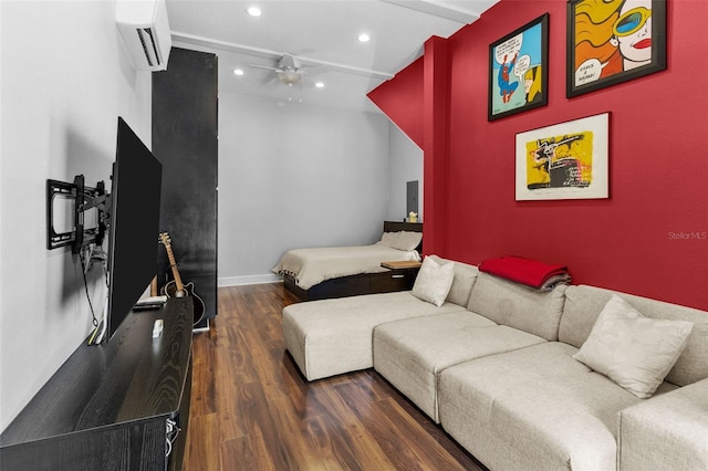 living room featuring dark hardwood / wood-style flooring, a wall mounted air conditioner, and ceiling fan