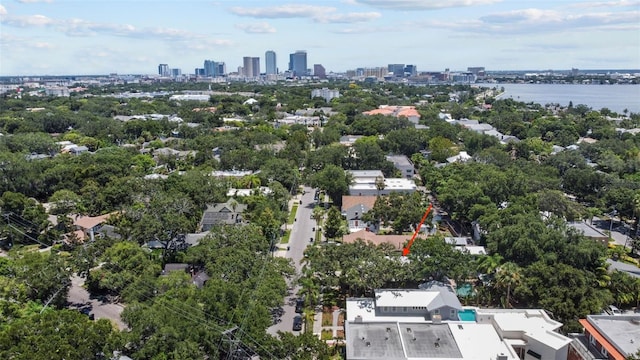 drone / aerial view featuring a water view