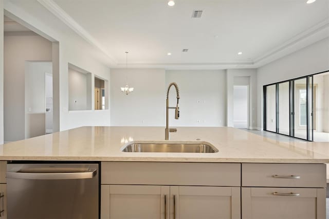 kitchen featuring a chandelier, light stone countertops, sink, and stainless steel dishwasher