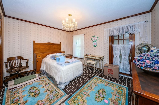 bedroom with ornamental molding and a chandelier