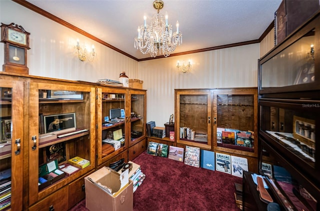 office space featuring an inviting chandelier, ornamental molding, and carpet flooring