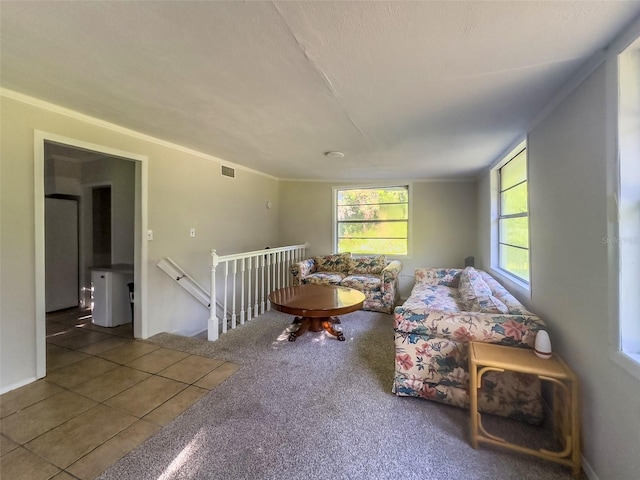 living area with crown molding and carpet floors