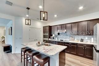 kitchen featuring a breakfast bar, dark brown cabinetry, an island with sink, decorative backsplash, and decorative light fixtures