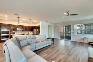 living room with ceiling fan and light hardwood / wood-style floors