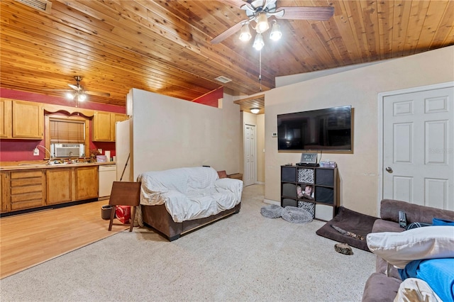 bedroom featuring wood ceiling, light wood-type flooring, ceiling fan, and lofted ceiling